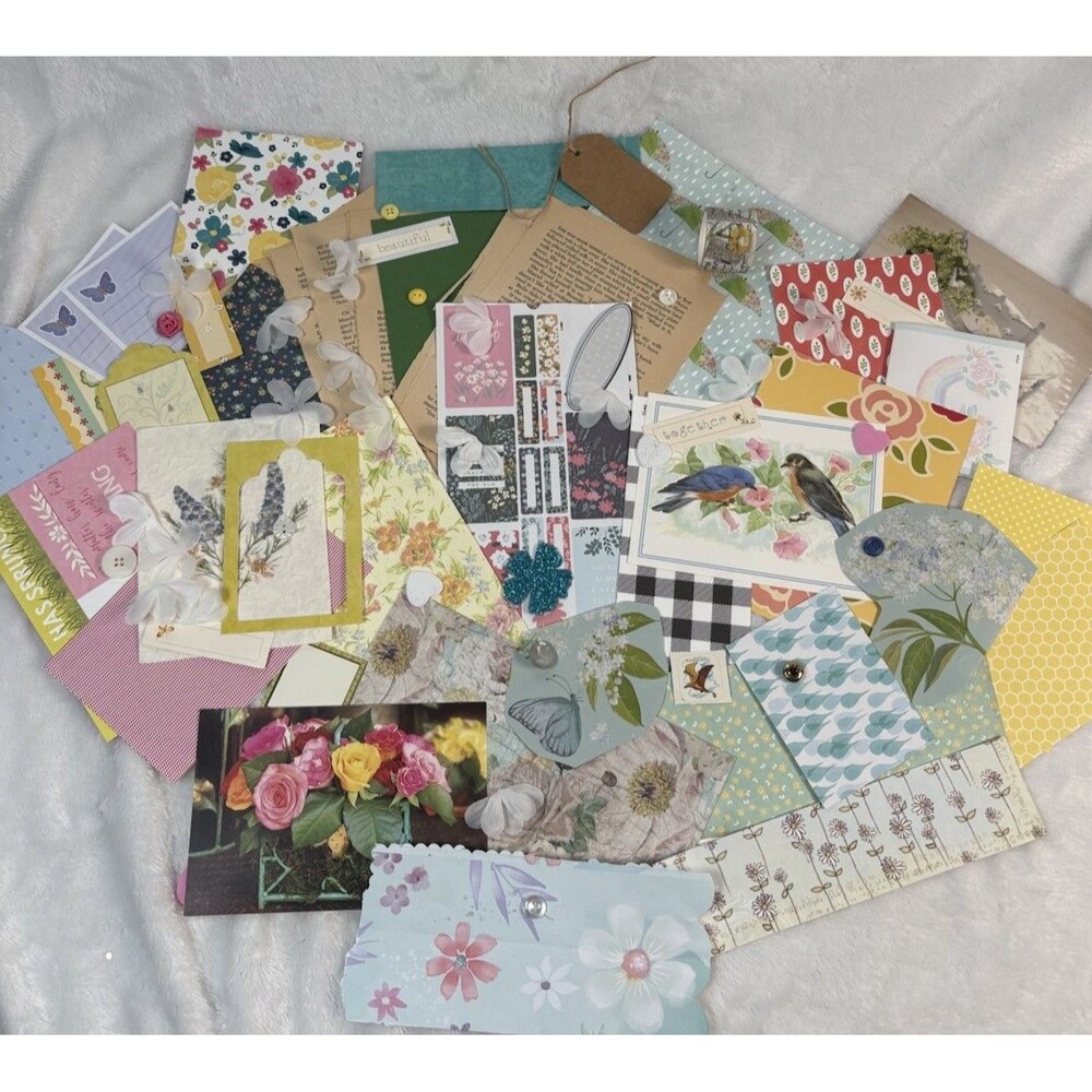 Ephemera Lot Junk Journal Scrapbook Floral Theme Mixed Media Art Supply 60+ Item